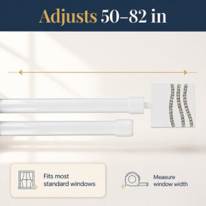 Infographic "Adjusts 50-82 in", white double curtain rod telescoped, with fits most standard windows and measure window width notes