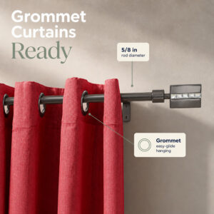 "Grommet Curtains Ready" infographic showing red curtains on the graphite rod, labeled "5/8 in rod diameter" and "Grommet easy-glide hanging"