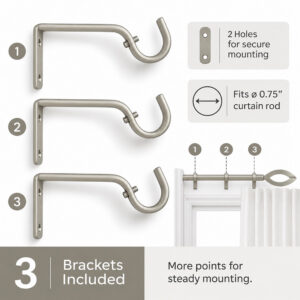 Evideco curtain rod bracket set infographic "3 Brackets Included", three brackets with mounting holes, fits 0.75 inch rod, silver