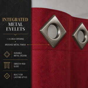 Close-up of a diamond shaped metal grommet on the ruby red suede curtain panel