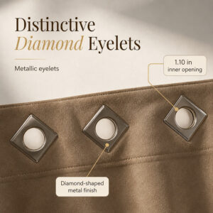 Close-up of a diamond shaped metal grommet on the warm sand suede curtain panel