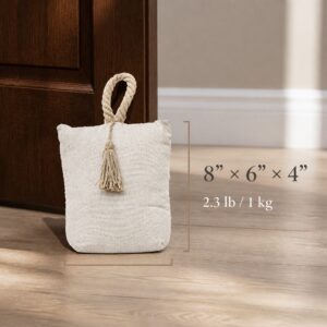Natural fabric bag door stopper beside a dark wood door with measurement callouts. On-image text: "8" × 6" × 4"," "2.3 lb / 1 kg."