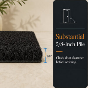 Side view of black coir door mat showing 5/8 inch pile height for door clearance