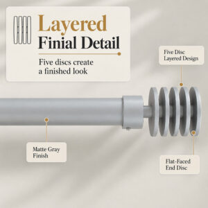 Close-up of the layered five-disc finial with flat-faced end in matte grey on the 1 inch rod