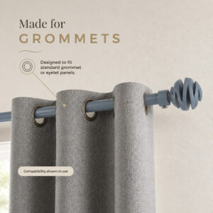 Blue gray curtain rod threaded through standard grommet eyelet curtain panels