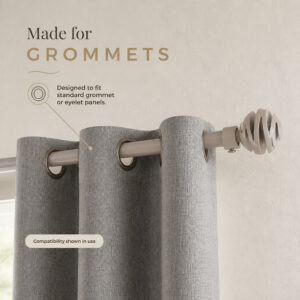 Taupe curtain rod threaded through standard grommet eyelet curtain panels