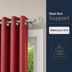 Grey curtain rod supporting red grommet curtains, rated for drapes up to 15 lb