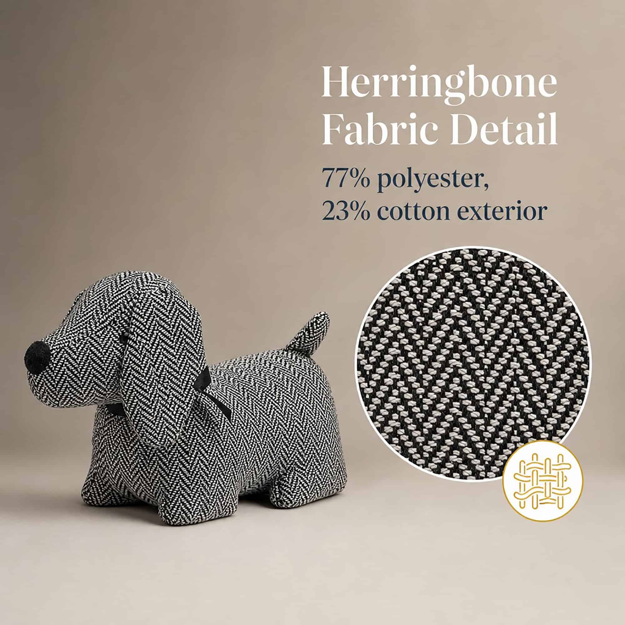 Charcoal dog door stopper on a taupe background with a magnified circle showing the herringbone weave and a weave icon. On-image text: "Herringbone Fabric Detail," "77% polyester, 23% cotton exterior."