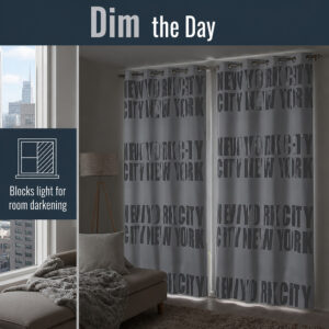 Two light gray NYC blackout curtain panels dimming daylight in a city apartment room