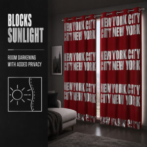 Two red NYC blackout curtain panels blocking sunlight in a room darkening setup