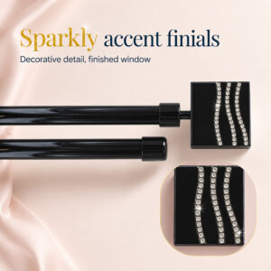 Infographic "Sparkly accent finials", close-up of the faceted square finial on the black double curtain rod