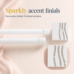 Infographic "Sparkly accent finials", close-up of the faceted square finial on the white double curtain rod