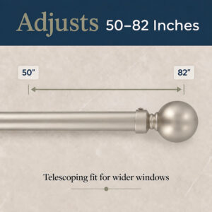 "Adjusts 50-82 Inches" size chart for the telescoping silver curtain rod