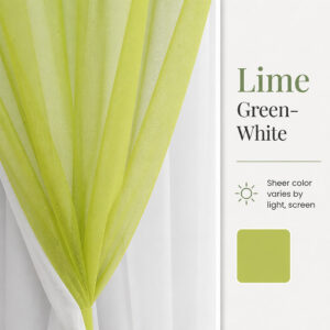 Two tone sheer drapery in lime green and white, reversible to put either color in front