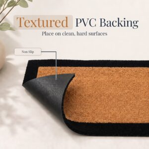 Corner of coir door mat folded back to show the textured non-slip PVC backing