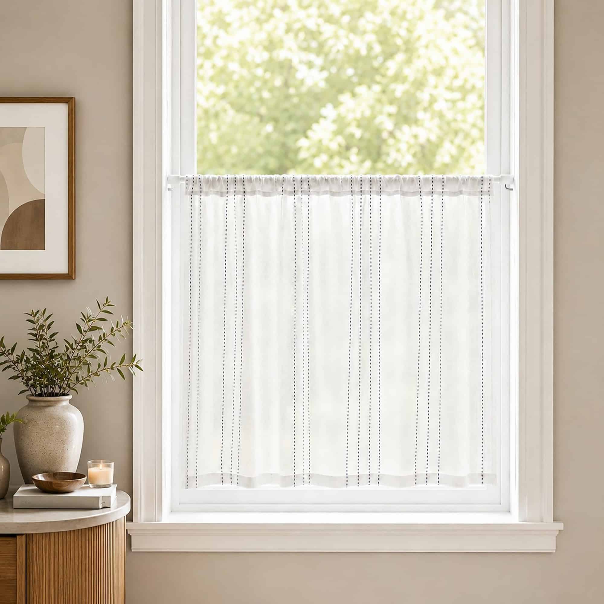 White cafe rod holding a sheer striped tier curtain across a bright kitchen window, styled with a green plant and light neutral decor for a farmhouse look.