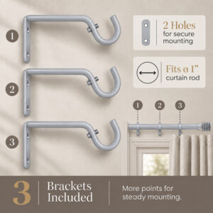 Three grey color-matched curtain rod brackets sized for a 1 inch diameter rod