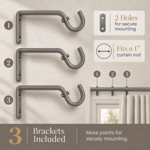 Three taupe color-matched curtain rod brackets sized for a 1 inch diameter rod