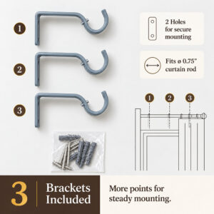 Set of 3 blue gray curtain rod brackets with two mounting holes for a 3/4 inch rod