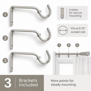 Set of 3 silver curtain rod brackets with two mounting holes for a 3/4 inch rod