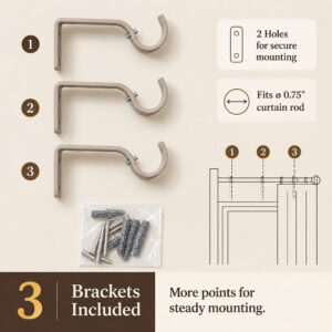 Set of 3 taupe curtain rod brackets with two mounting holes for a 3/4 inch rod