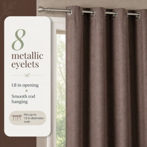 Metal grommets on the mocha brown drapery panel sliding on a curtain rod