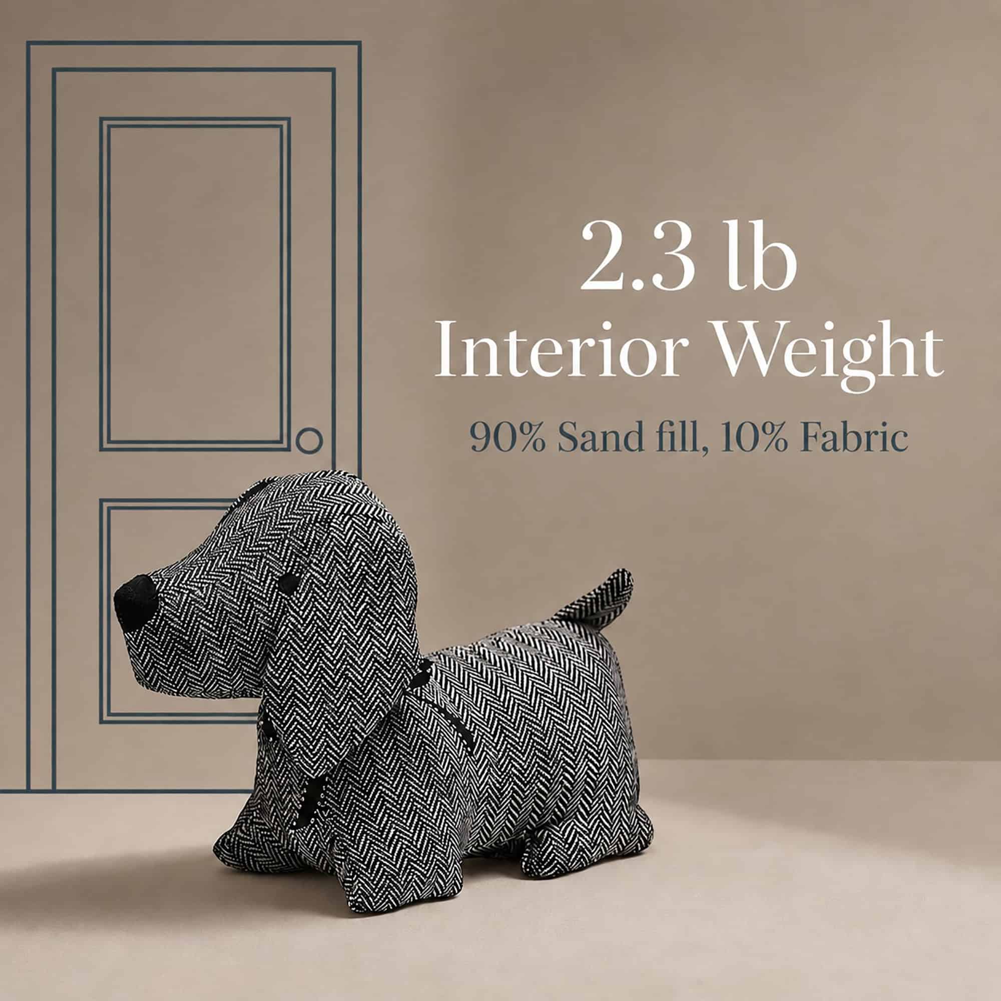 Charcoal dog door stopper on a taupe background with a line-drawn door. On-image text: "2.3 lb Interior Weight," "90% Sand fill, 10% Fabric."