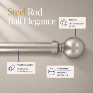 "Steel Rod Ball Elegance" diagram showing the 1-inch steel rod, ball finial, and steel construction