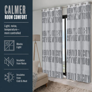 Light gray New York City thermal insulated curtain panels in a bedroom with care icons