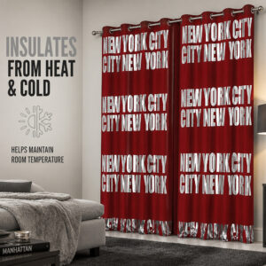 Red New York City thermal insulated curtain panels helping hold room temperature in a bedroom