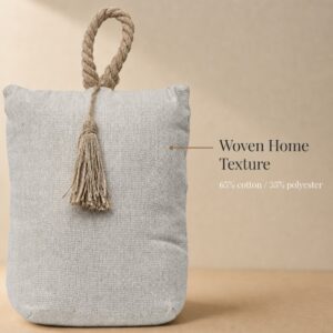 Natural fabric bag door stopper on a tan background with a line pointing to the woven fabric. On-image text: "Woven Home Texture," "65% cotton / 35% polyester."