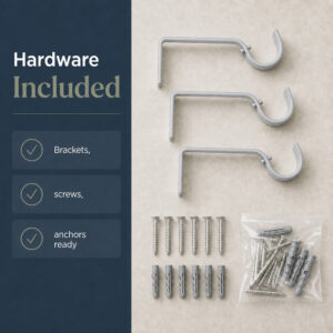 Curtain rod mounting hardware included: three brackets, screws and wall anchors