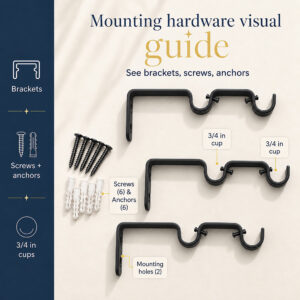 Infographic "Mounting hardware visual guide", brackets, screws, anchors, 3/4 in cups and mounting holes of the black double curtain rod
