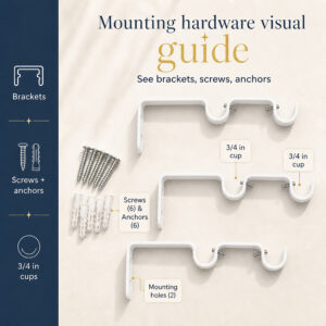 Infographic "Mounting hardware visual guide", brackets, screws, anchors and 3/4 in cups of the white double curtain rod
