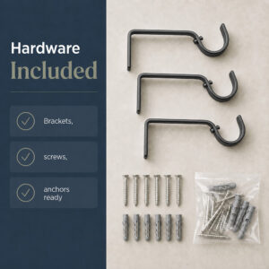 "Hardware Included" infographic showing three graphite brackets, screws and wall anchors, checked brackets, screws, anchors ready