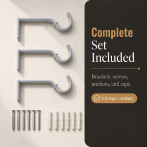 Complete grey curtain rod set with three brackets, screws and wall anchors