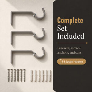 Complete taupe curtain rod set with three brackets, screws and wall anchors included
