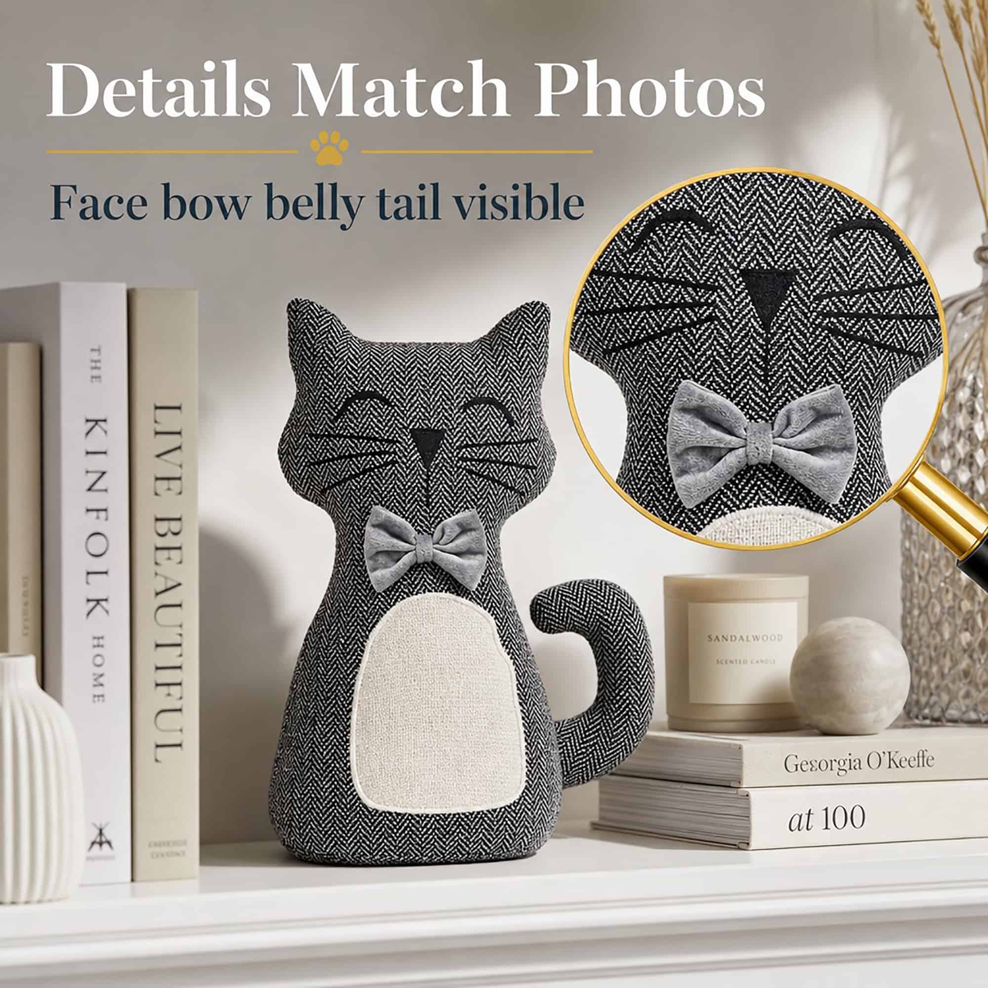 Charcoal cat door stopper on a shelf with books and a candle, a magnifying glass enlarging the face and bow tie. On-image text: "Details Match Photos," "Face bow belly tail visible."