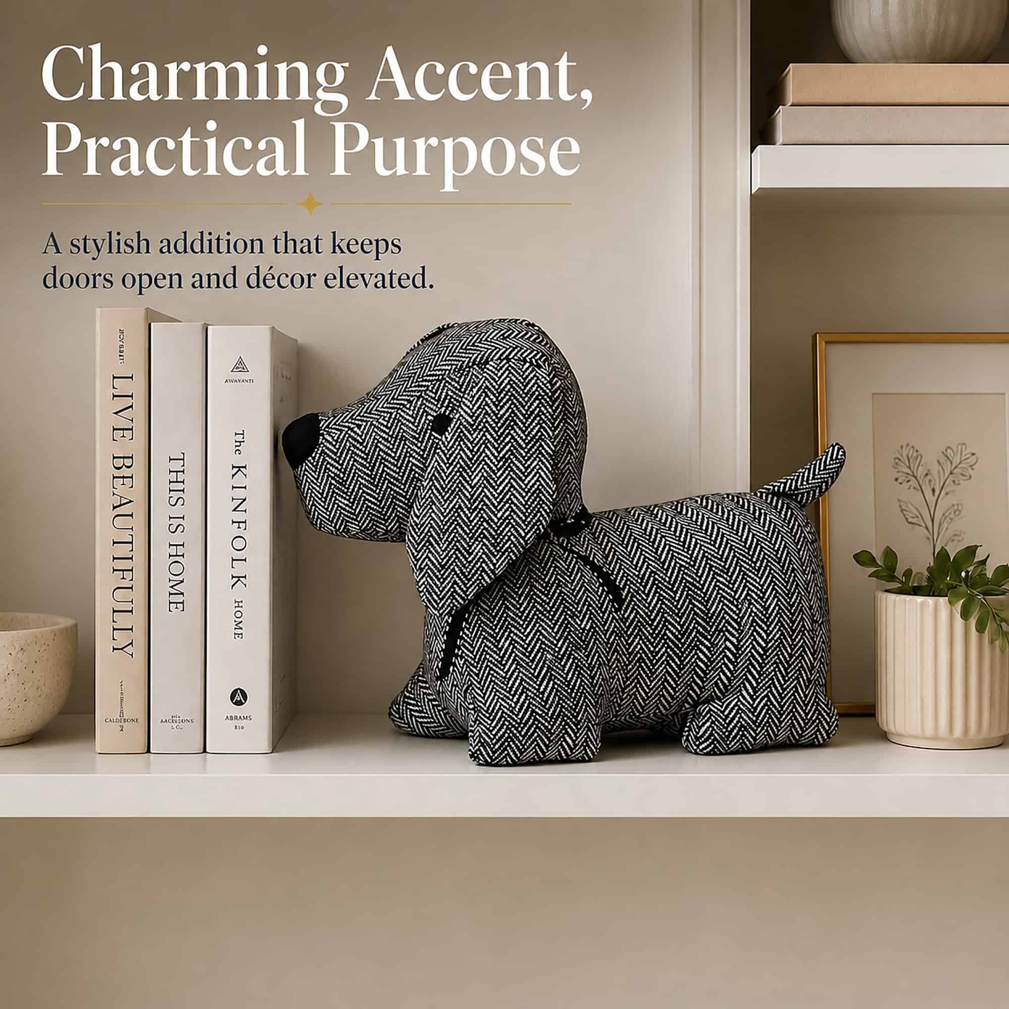 Charcoal dog door stopper on a shelf beside books, a framed print, and a potted plant. On-image text: "Charming Accent, Practical Purpose," "A stylish addition that keeps doors open and décor elevated."