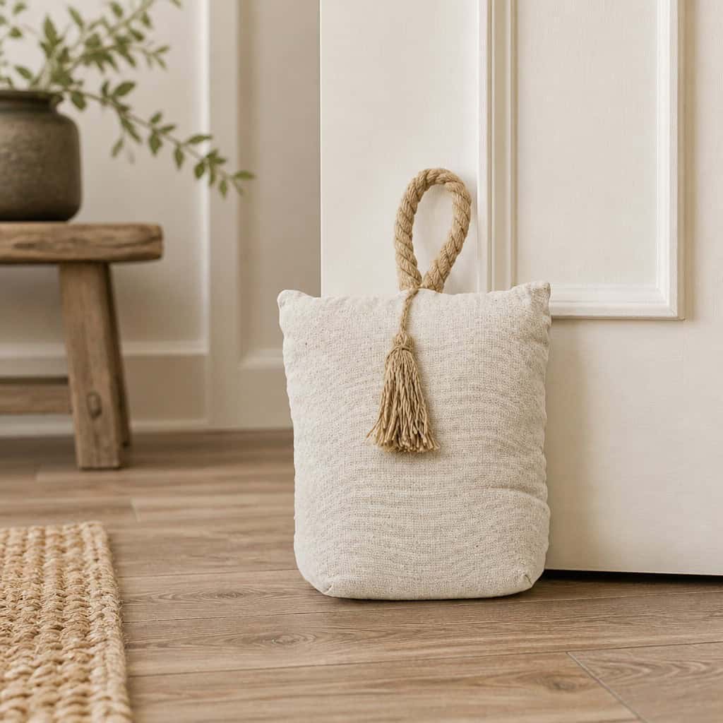 Natural fabric bag door stopper propping open a cream paneled door, hardwood floor, wooden bench with a potted plant and a jute rug in the background.