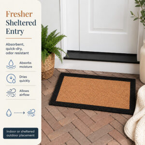 Coir entry mat with black border on a covered brick porch outside a white front door
