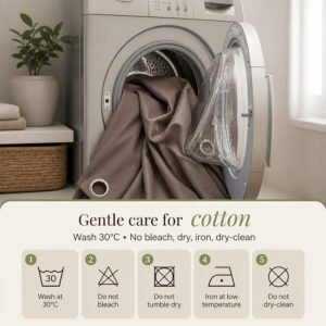 Machine washable care instructions for the mocha brown cotton curtain panel