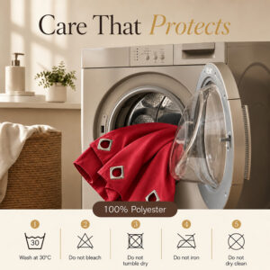 Care guide for the machine washable 100% polyester ruby red suede curtain panels