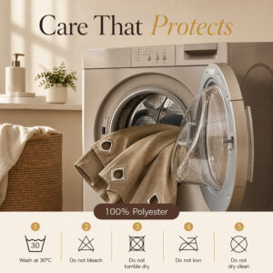 Care guide for the machine washable 100% polyester suede curtain panel