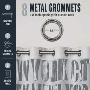 Eight metal grommets with 1.8 inch openings on light gray NYC curtain, with hanging steps