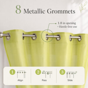 Metal grommet header of the sheer curtain panel sliding onto a curtain rod