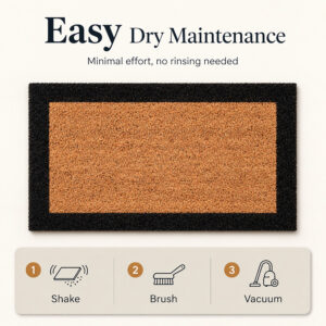 Coir door mat care guide showing shake, brush and vacuum cleaning, no rinsing needed