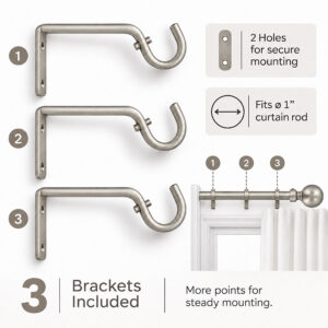 "3 Brackets Included" installation guide showing bracket placement on a 1-inch curtain rod