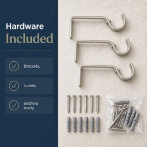 Curtain rod mounting hardware infographic "Hardware Included", brackets, screws, and wall anchors, silver
