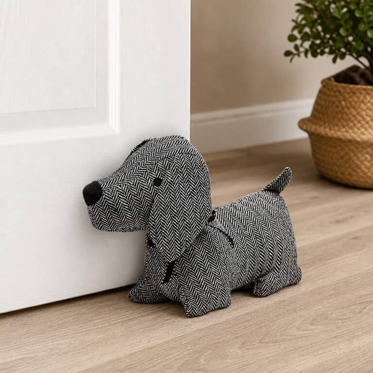 Charcoal dog door stopper propping open a white paneled door, hardwood floor, woven basket with a plant in the background.